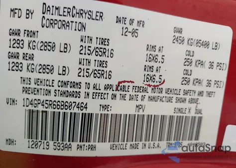 2006 Dodge Caravan Sxt from USA, damaged, VIN 1D4GP45R66B607464